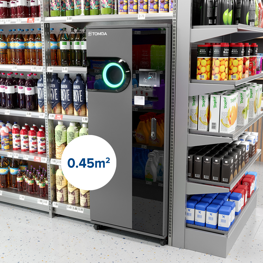 TOMRA B3 machine installed between drinks fridges in a convenience store